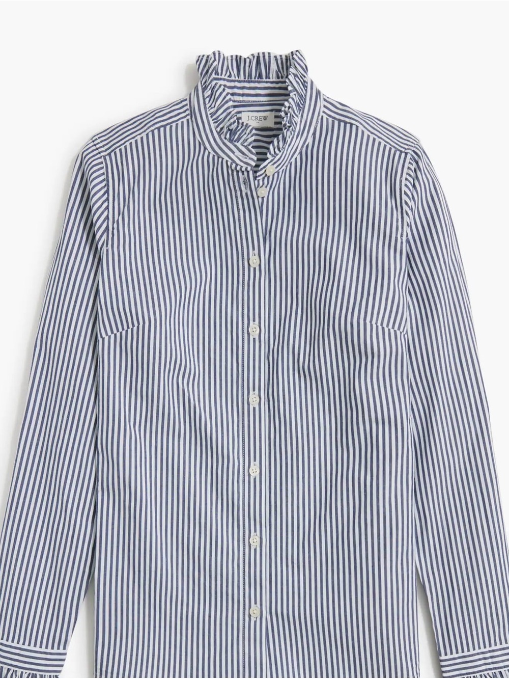 J. Crew women rufflecneck button up blue and white striped cotton. Size XS